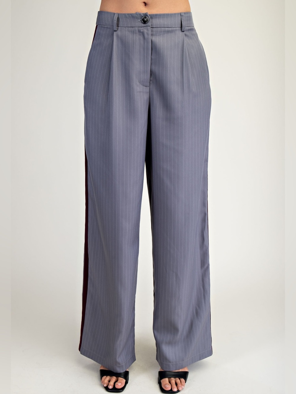 Wide-Leg Pinstripe Trousers with Burgundy Side Stripe - Gray
